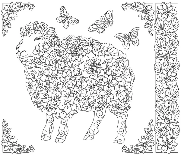 Çiçekli Koyun Fantezi Hayvan Çiçek Unsurları Içeren Yetişkin Boyama Kitabı — Stok Vektör