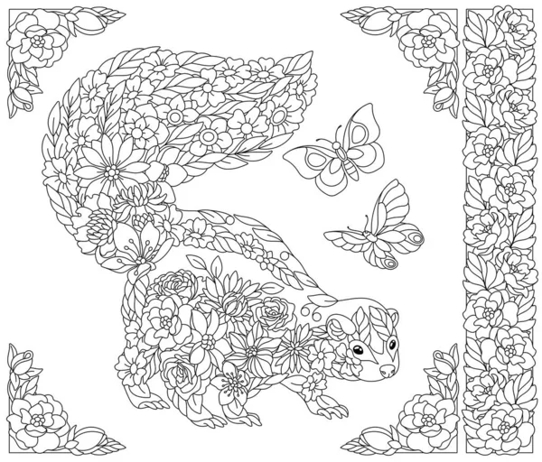 Квітковий Скейт Сторінка Дорослих Розмальовок Фентезійними Тваринами Елементами Квітів — стоковий вектор