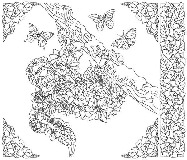 Квітковий Лінолеум Сторінка Дорослих Розмальовок Фентезійними Тваринами Елементами Квітів — стоковий вектор