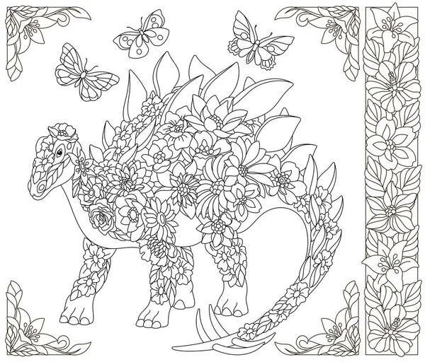 花龙龙恐龙 成人着色书页 幻想动物和花卉元素 — 图库矢量图片