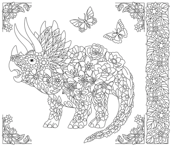 Tricératops Floraux Dinosaure Livre Coloriage Adulte Avec Éléments Animaux Fleurs — Image vectorielle