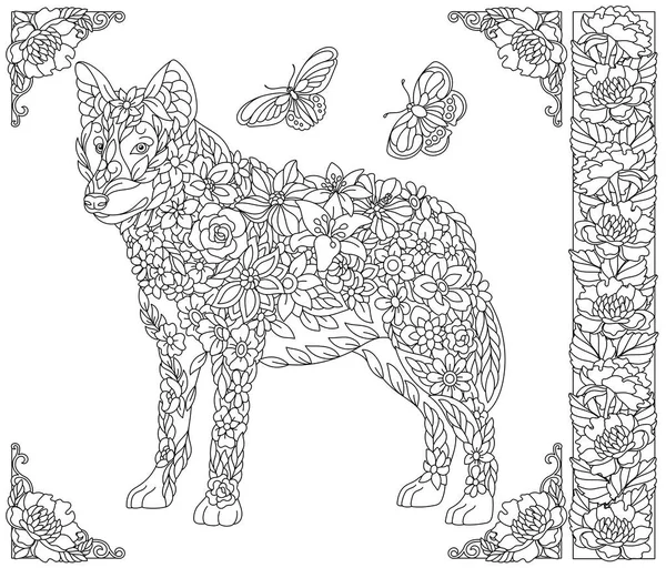 Lobo Floral Libro Para Colorear Para Adultos Página Con Animales — Vector de stock