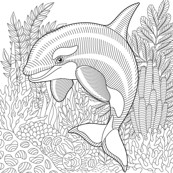 在水下与海豚的场景 成人彩色书页 带有复杂的曼陀罗和Zentangle元素 — 图库矢量图片