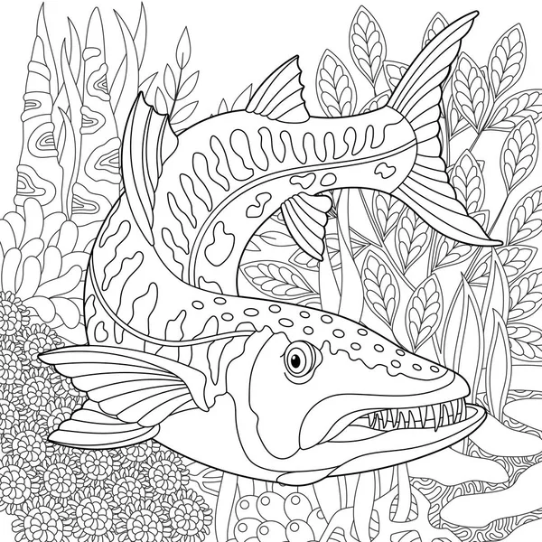 水下场景与梭鱼 成人彩色书页 带有复杂的曼陀罗和Zentangle元素 — 图库矢量图片