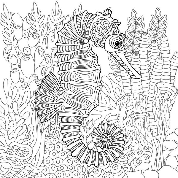 Scène Sous Marine Avec Hippocampe Livre Coloriage Adulte Avec Mandala — Image vectorielle