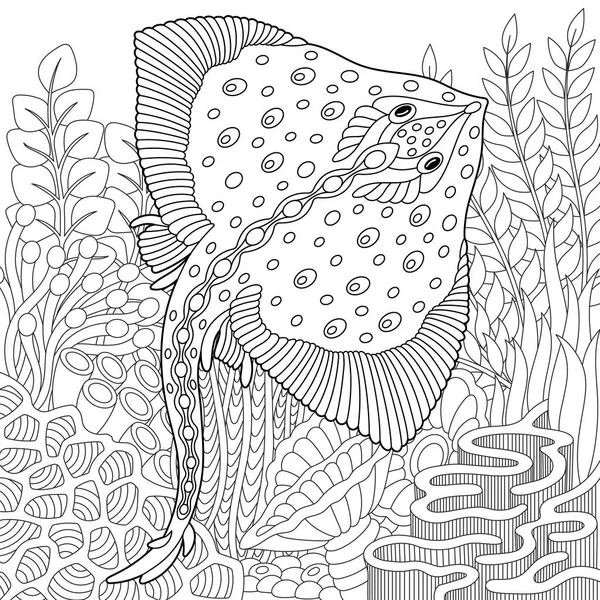 Podvodní Scéna Mantovým Paprskem Dospělý Omalovánky Stránka Složitými Mandala Zentangle — Stockový vektor