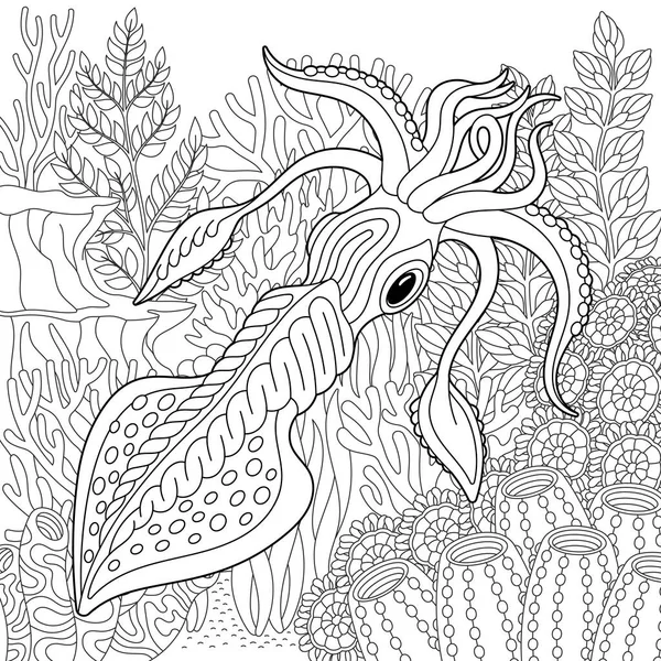 Scène Sous Marine Avec Calmar Livre Coloriage Adulte Avec Mandala — Image vectorielle