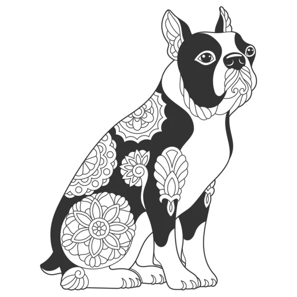 Roztomilý Bostonský Teriér Pro Psy Zvířecí Zbarvení Stránku Mandaly Zentangle — Stockový vektor