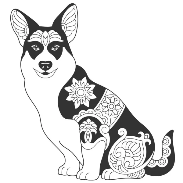 かわいいコーギー犬のデザイン 曼荼羅図 全角装飾付動物彩色ページ — ストックベクタ