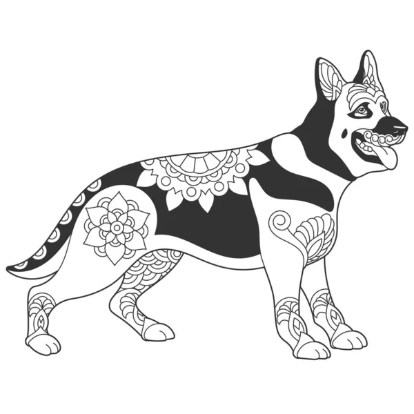 かわいいドイツの羊飼いの犬のデザイン 曼荼羅図 全角装飾付動物彩色ページ — ストックベクタ