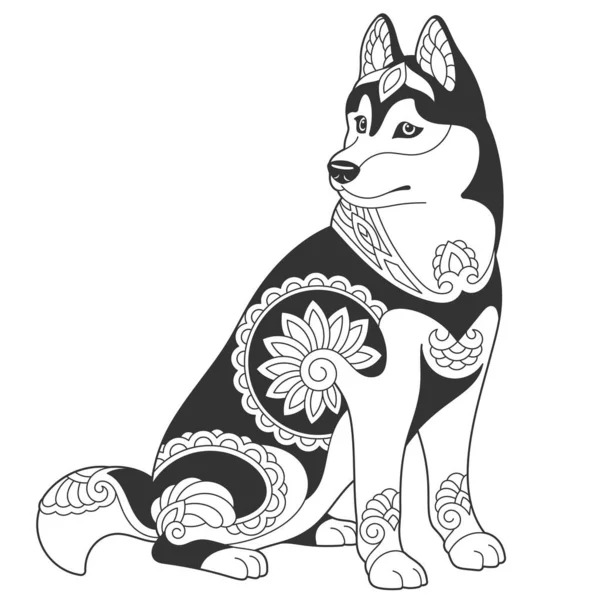 Lindo Diseño Perro Husky Página Para Colorear Animales Con Adornos — Archivo Imágenes Vectoriales