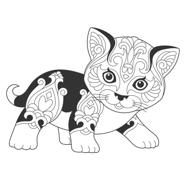 Lindo Diseño Gato Página Para Colorear Animales Con Adornos Mandala — Vector de stock