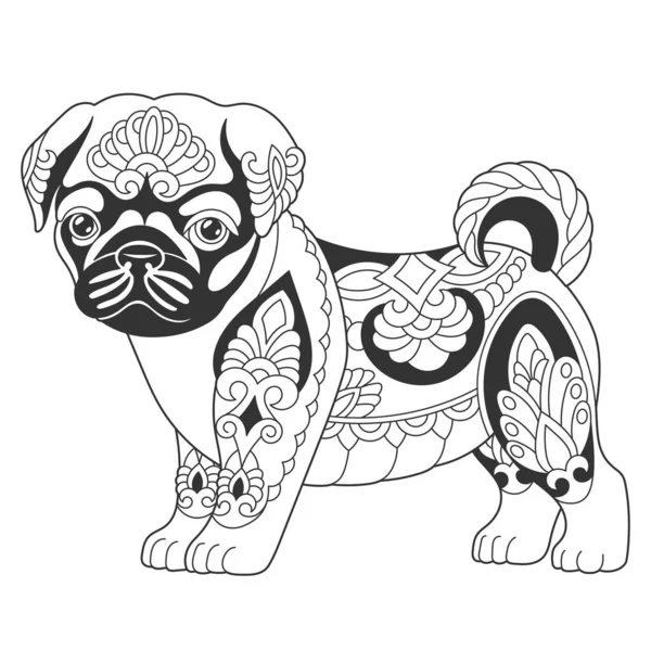 Cute Pug Dog Design Animal Coloring Page Mandala Zentangle Ornaments — Stock Vector
