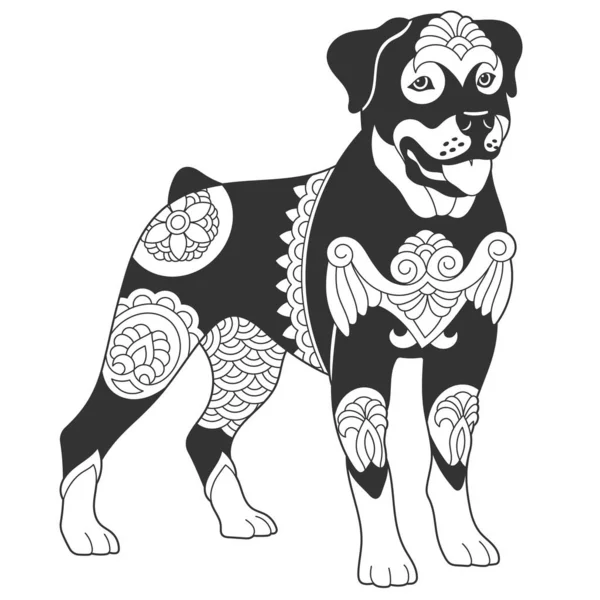 Mignon Chien Rottweiler Design Coloriage Animal Avec Mandala Ornements Zentangle — Image vectorielle