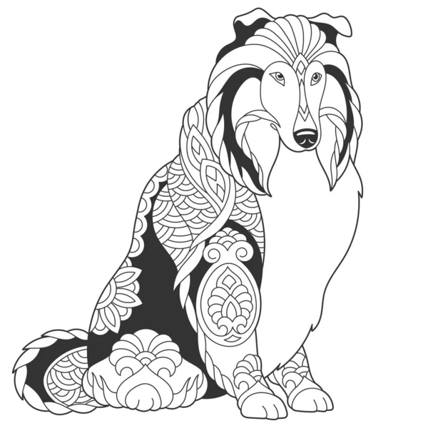 Roztomilý Shetlandský Ovčácký Pes Zvířecí Zbarvení Stránku Mandaly Zentangle Ornamenty — Stockový vektor