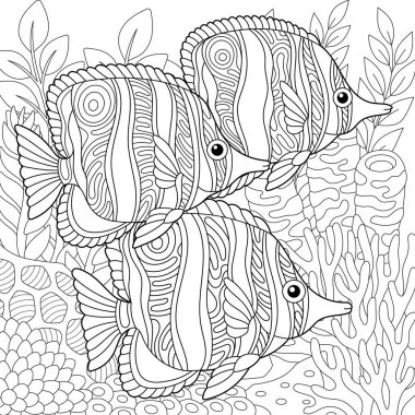 Underwater scene with a school of butterflyfish. Adult coloring book page with intricate mandala and zentangle elements clipart