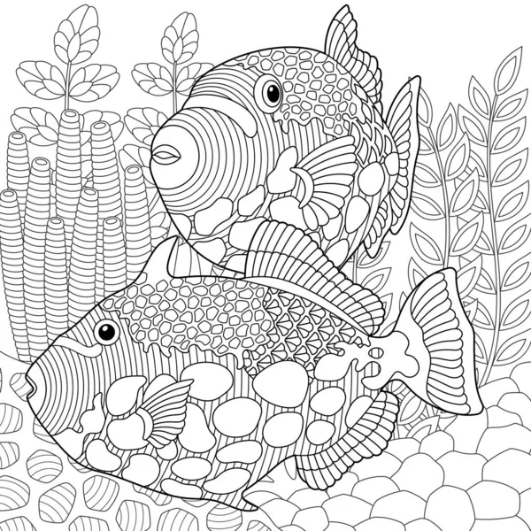 水底的场景与淡水鱼 成人彩色书页 带有复杂的曼陀罗和Zentangle元素 — 图库矢量图片