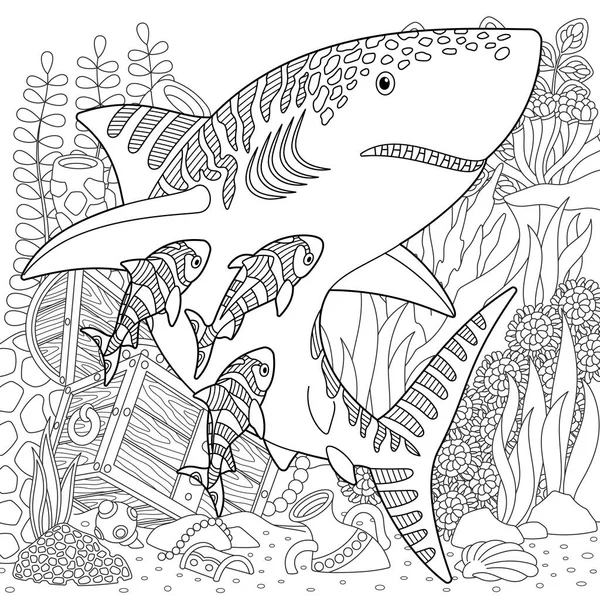 在水下与鲨鱼的场景 成人彩色书页 带有复杂的曼陀罗和Zentangle元素 — 图库矢量图片