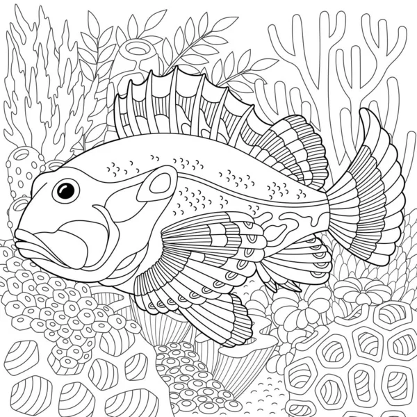 Υποβρύχια Σκηνή Ένα Ψάρι Ενηλίκων Χρωματισμός Σελίδα Του Βιβλίου Περίπλοκα — Διανυσματικό Αρχείο