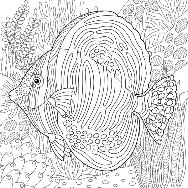 水下场景与帆船鳍唐鱼 成人彩色书页 带有复杂的曼陀罗和Zentangle元素 — 图库矢量图片