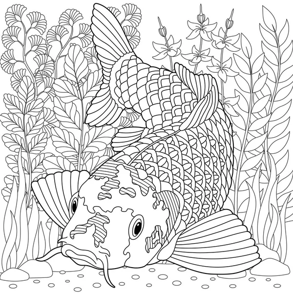 Υποβρύχια Σκηνή Ψάρι Koi Ενηλίκων Χρωματισμός Σελίδα Του Βιβλίου Περίπλοκα — Διανυσματικό Αρχείο