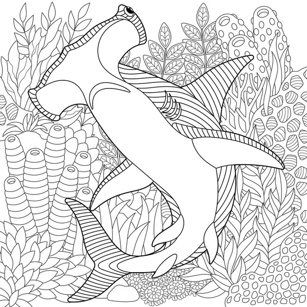 Υποβρύχια Σκηνή Σφυροκέφαλο Καρχαρία Ενηλίκων Χρωματισμός Σελίδα Του Βιβλίου Περίπλοκα — Διανυσματικό Αρχείο