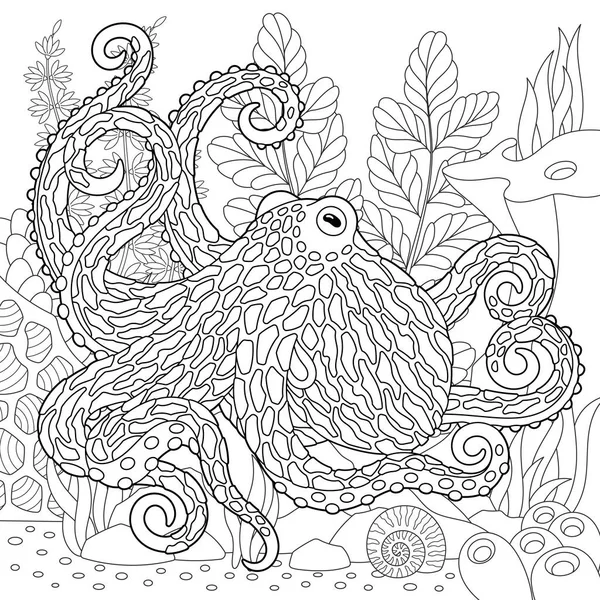 Underwater Scene Octopus Adult Coloring Book Page Intricate Mandala Zentangle — Stock Vector