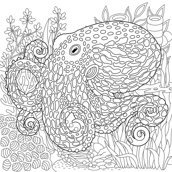 Underwater Scene Octopus Adult Coloring Book Page Intricate Mandala Zentangle — Stock Vector