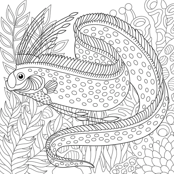 Υποβρύχια Σκηνή Ψάρι Ενηλίκων Χρωματισμός Σελίδα Του Βιβλίου Περίπλοκα Στοιχεία — Διανυσματικό Αρχείο