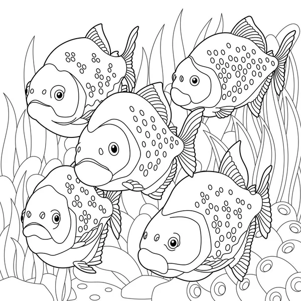 水下场景和一群食人鱼在一起 成人彩色书页 带有复杂的曼陀罗和Zentangle元素 — 图库矢量图片