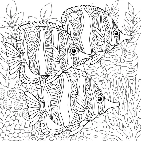 Undervattensscen Med Skola Fjärilsfiskar Vuxen Målarbok Sida Med Intrikata Mandala Stockillustration