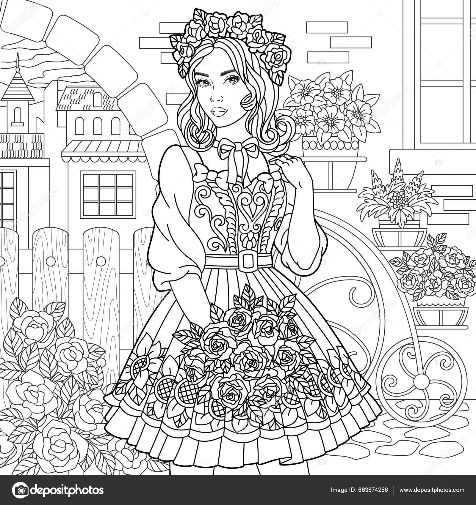 Belle Jeune Femme Dans Rue Florale Livre Coloriage Adulte Avec