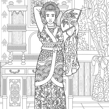 Elinde kağıt yelpaze olan güzel bir Japon kadın. Karmaşık süslemeli yetişkin boyama kitabı sayfası.