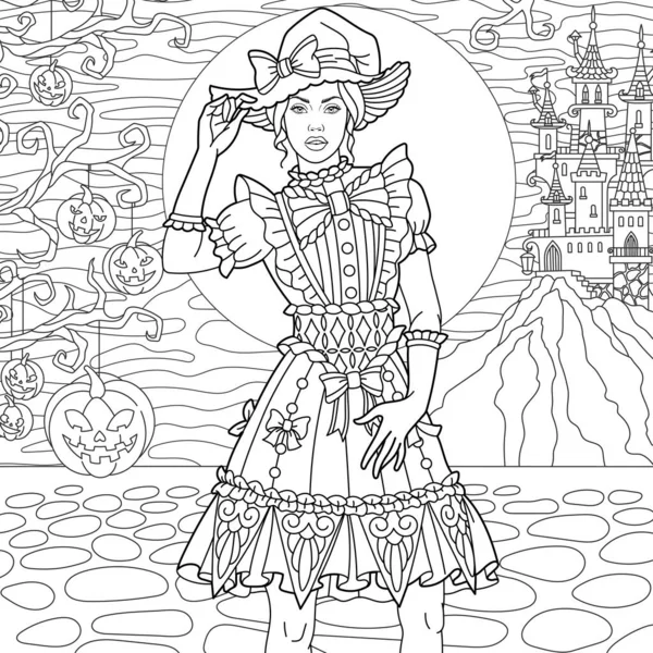 美丽的女孩和万圣节南瓜 恐怖的城堡和满月的背景 成人彩色书页 装饰精美 — 图库矢量图片