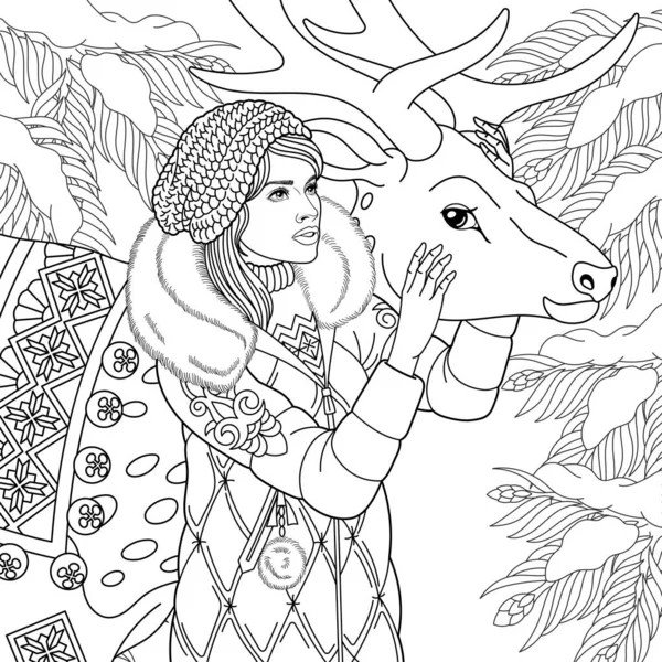 Красивая Молодая Женщина Оленем Зимнем Лесу Книга Взрослых Замысловатым Орнаментом — стоковый вектор