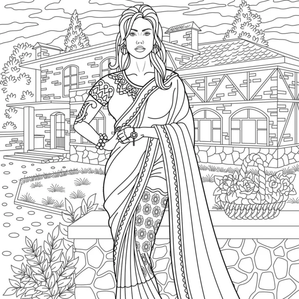 Όμορφη Νεαρή Ινδή Φόρεμα Σάρι Ενήλικες Χρωματισμός Σελίδα Του Βιβλίου — Διανυσματικό Αρχείο