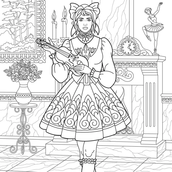 Красивая Молодая Женщина Скрипкой Книга Взрослых Замысловатым Орнаментом — стоковый вектор