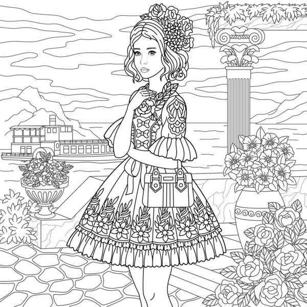 美丽的年轻女子在花坛上 成人彩色书页 装饰精美 — 图库矢量图片