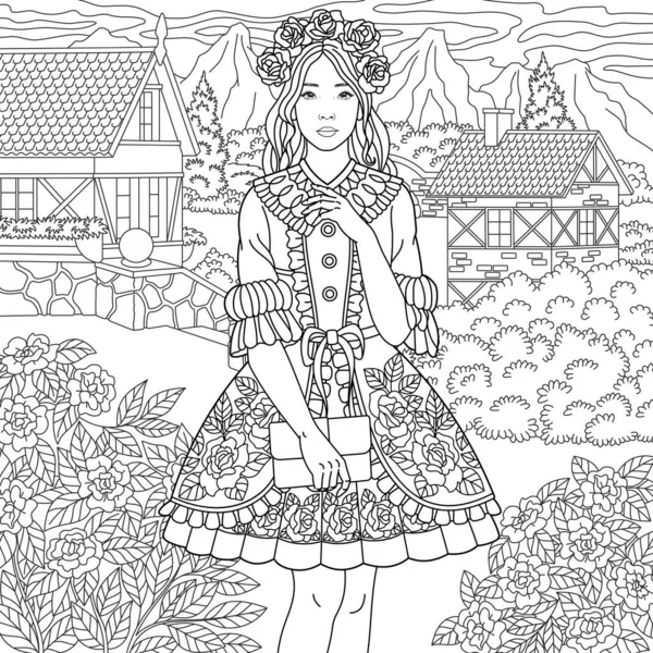 美丽的年轻女子在花卉的乡间 成人彩色书页 装饰精美 — 图库矢量图片