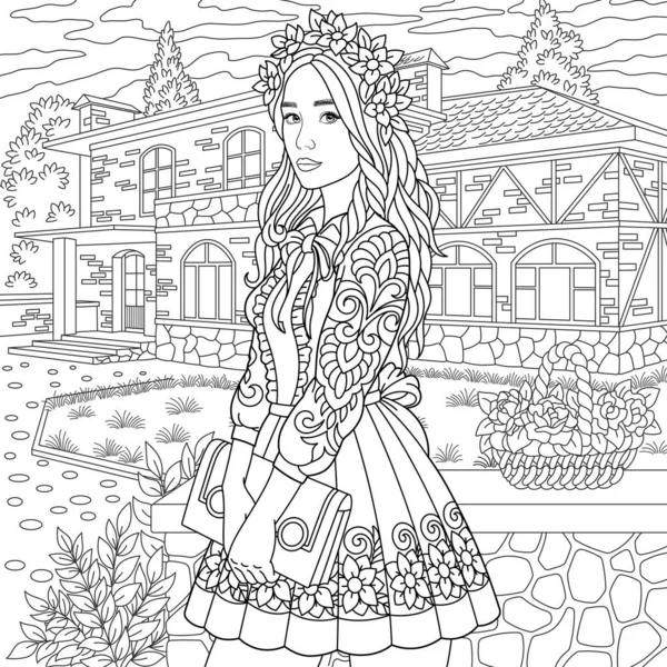 美丽的年轻女子在花圃里 成人彩色书页 装饰精美 — 图库矢量图片