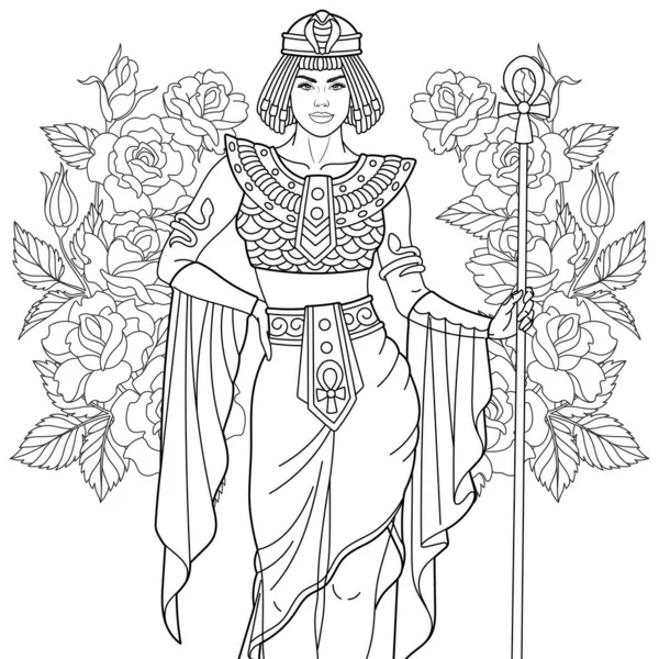 バラの花と美しい古代の女性 複雑な装飾と大人のぬり絵のページ ベクターグラフィックス