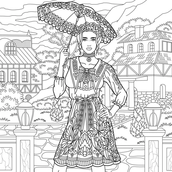夏の傘を持つ美しい若い女性 複雑な装飾と大人のぬり絵のページ ロイヤリティフリーのストックイラスト