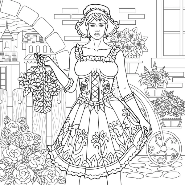 花のバスケットを持つ美しい若い女性 複雑な装飾と大人のぬり絵のページ ロイヤリティフリーストックベクター