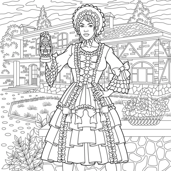 カントリーハウスの近くに美しいヴィンテージの女性 複雑な装飾と大人のぬり絵のページ ストックベクター