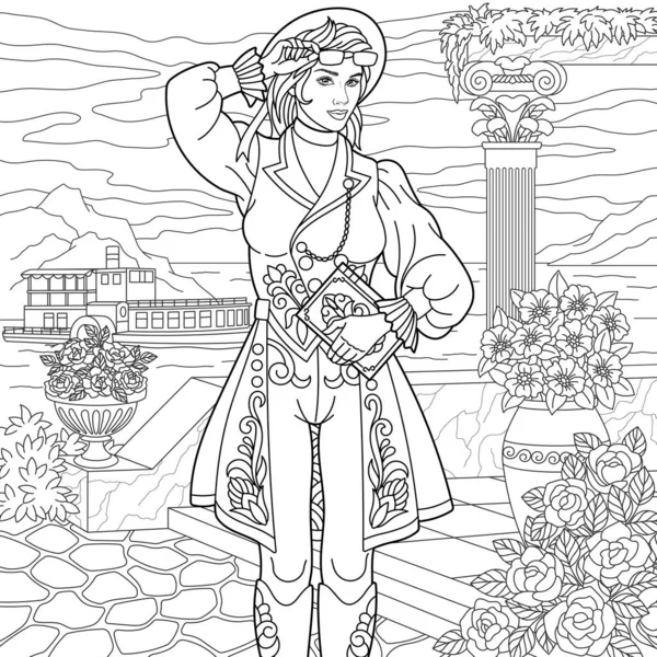 Vacker Steampunkkvinna Vid Blomsterkajen Vuxen Teckningar För Barn Uppkopplad Med Royaltyfria Stockvektorer