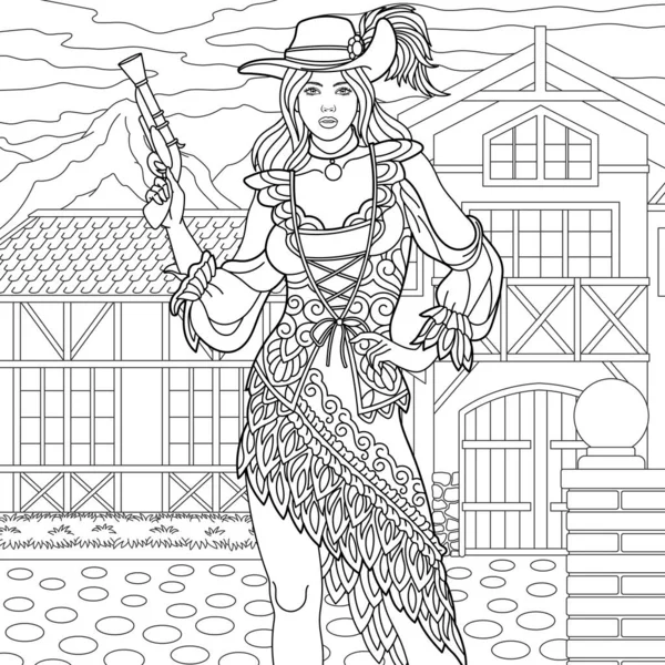 西部の美しい若い海賊の女性 複雑な装飾と大人のぬり絵のページ ロイヤリティフリーのストックイラスト