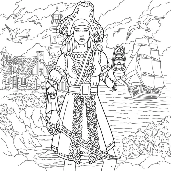 海岸の美しい若い海賊の女性 複雑な装飾と大人のぬり絵のページ ロイヤリティフリーストックベクター