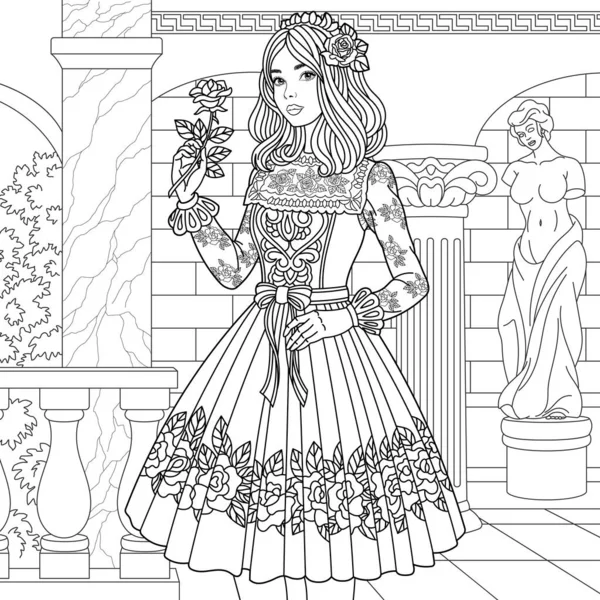 バラの花を持つ美しいヴィンテージの女性 複雑な装飾と大人のぬり絵のページ ストックベクター