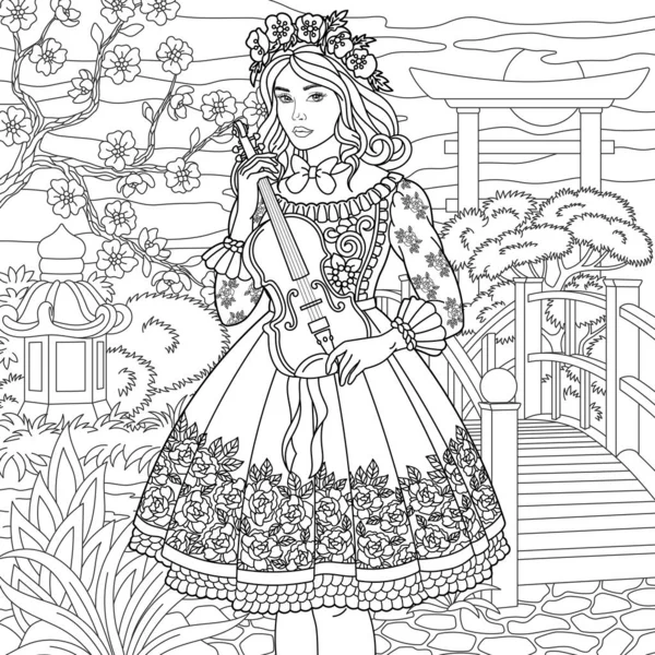 日本の花の庭の美しい若い女性 複雑な装飾と大人のぬり絵のページ ストックベクター
