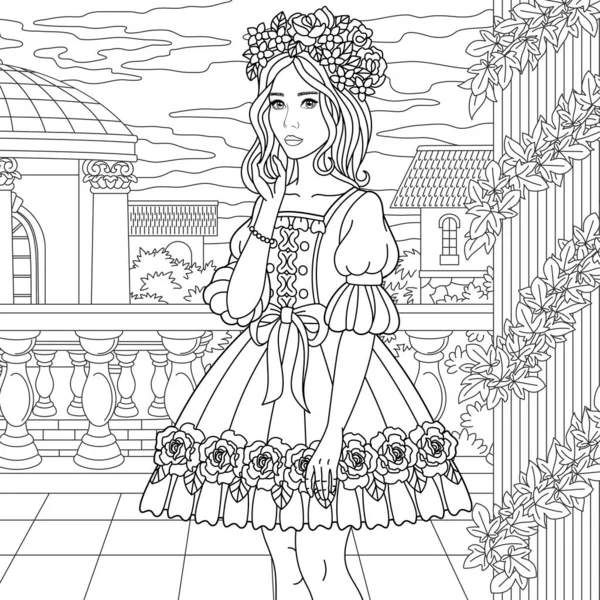 Vacker Ung Kvinna Brud Flicka Med Blommor Vuxen Teckningar För Royaltyfria illustrationer